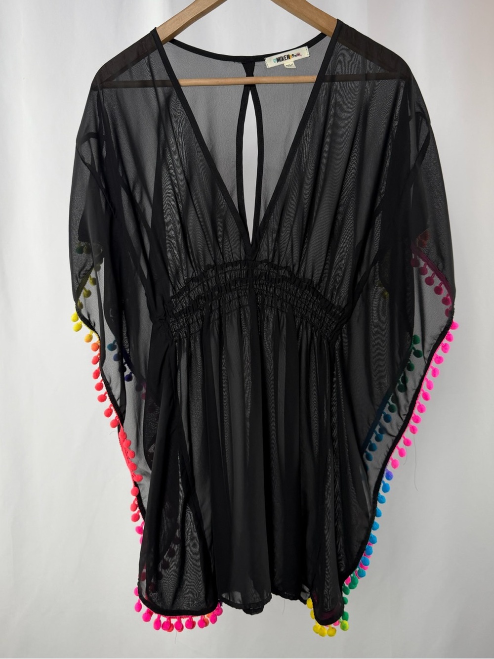 Miken Swim Sheer V Neck Coverup in Black with Multicolor Pom Pom Trim Size Small